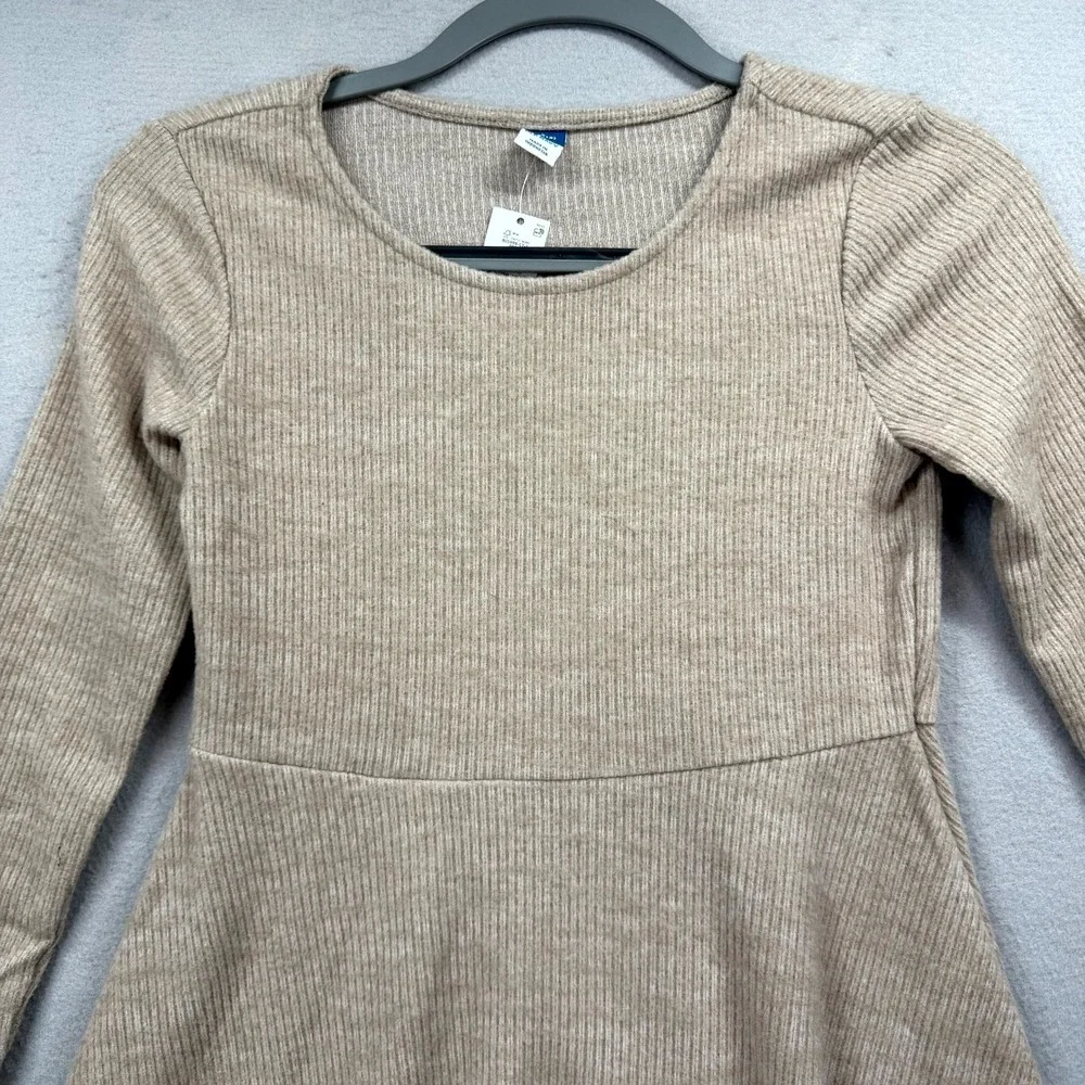 Old Navy Ribbed Fit & Flare Dress‎ Girls 10 Large Tan Long Sleeve Round Neck NEW